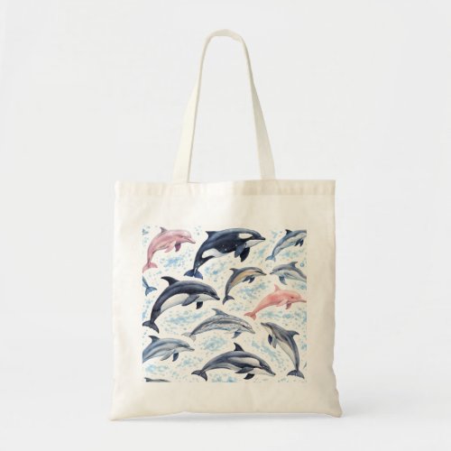 Dolphin, Orca and Pink Dolphin Watercolor Pattern Tote Bag