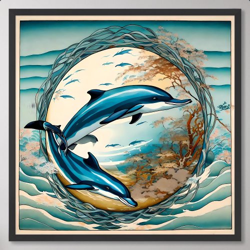 Dolphin Painting with Seaweed Circle Blue Harmony Poster