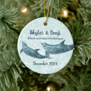 Dolphin Pair First Married Christmas Ceramic Ornament