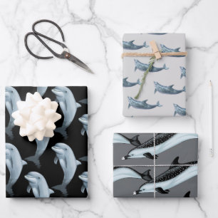 Dolphin Pattern Black Gray Wrapping Paper