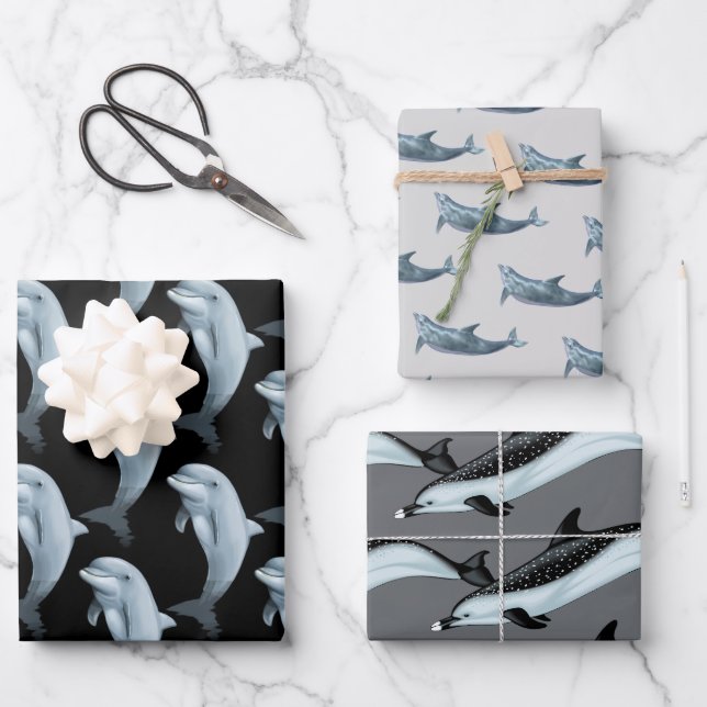 Dolphin Pattern Black Gray Wrapping Paper (Front)