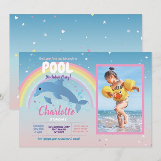 Dolphin Photo Pool Party Birthday Float Rainbow Invitation (Front/Back)