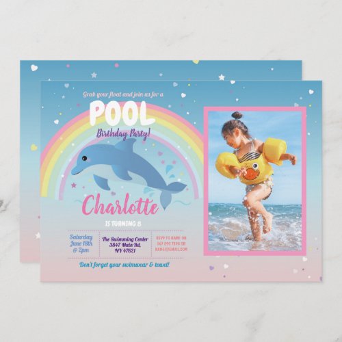 Dolphin Photo Pool Party Birthday Float Rainbow Invitation