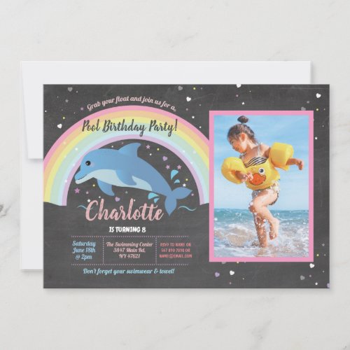 Dolphin Photo Pool Rainbow Party Birthday Float Invitation