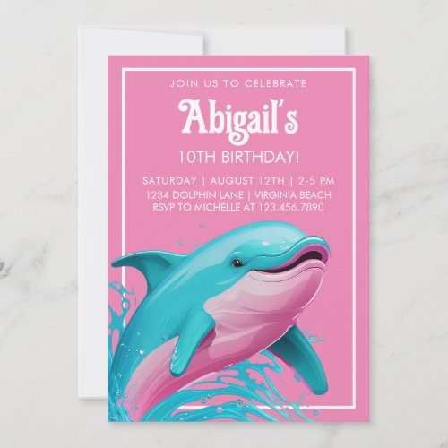 Dolphin Pink Teal Blue Summer Beach Pool Birthday Invitation