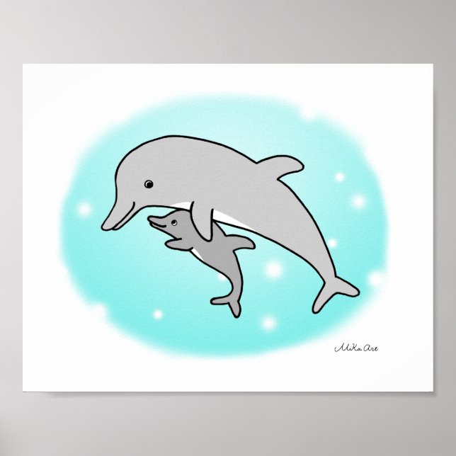 Dolphin Poster Cute Mom & Baby Dolphin Nursery Art (Front)