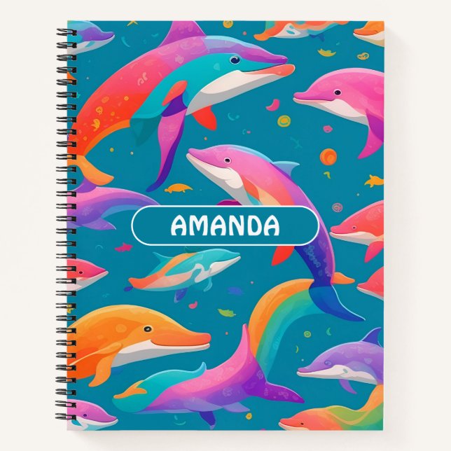 Dolphin Rainbow Colorful Personalized Pattern Notebook (Front)