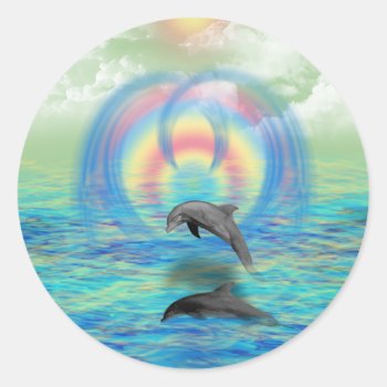 Dolphin Rising Classic Round Sticker by stellerangel at Zazzle