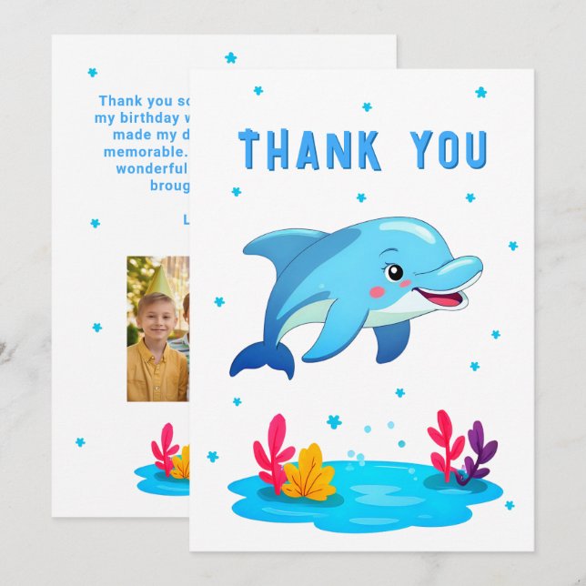 Dolphin Sea Animals Birthday Photo  Thank You Card (Front/Back)