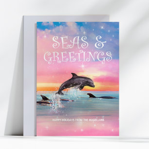 Dolphin Seas & Greetings Tropical Beach Christmas Holiday Card