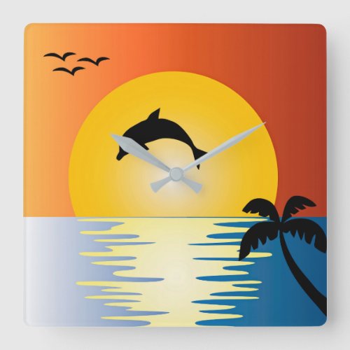 DOLPHIN SILHOUETTE AT SUNSET SQUARE WALL CLOCK