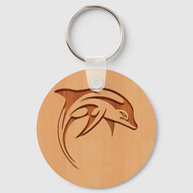 Dolphin silhouette engraved on wood design keychain (Front)