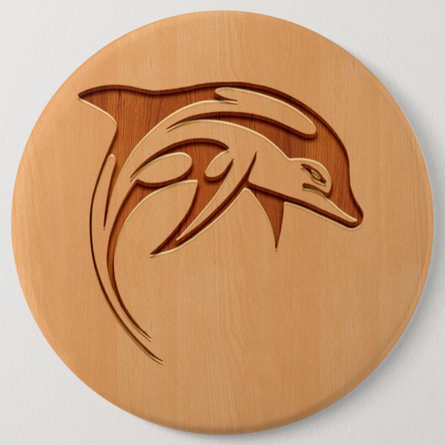 Dolphin silhouette engraved on wood design pinback button (Front)