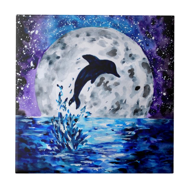 Dolphin Silhouette Ocean and Moon Ceramic Tile (Front)