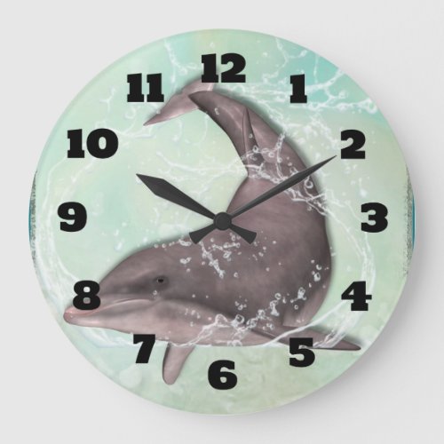 Dolphin Splashing Around in Aqua Green Water Large Clock