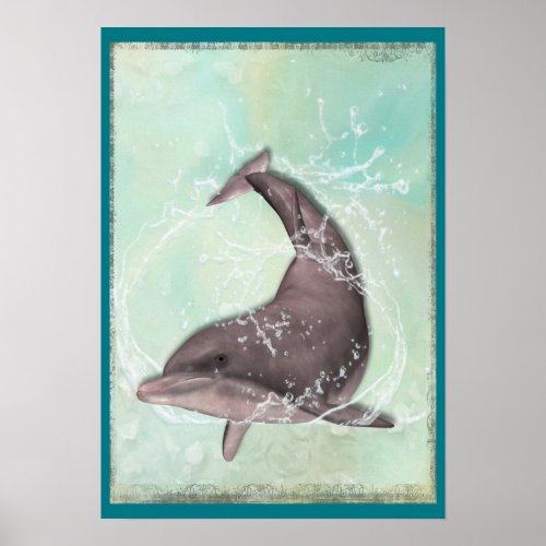 Dolphin Splashing Around in Aqua Green Water Poster