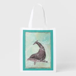 Dolphin Splashing Around in Cool Green Water Reusable Grocery Bag