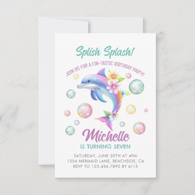 Dolphin Splish Splash Girl Birthday Invitation (Front)