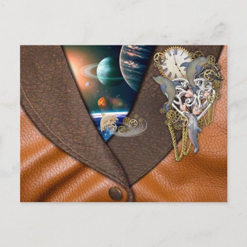 Dolphin Steampunk Time on Leather Texture Postcard