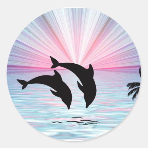 Dolphin Sunset Classic Round Sticker