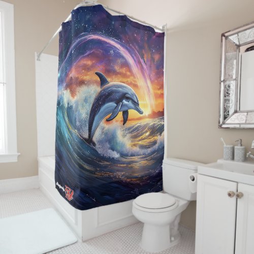 Dolphin Surfs Galaxy Design by Rich AMeN Gill Shower Curtain