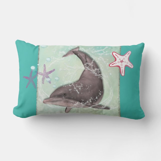 Dolphin Swimming Around in Cool Green Water Lumbar Pillow (Front)