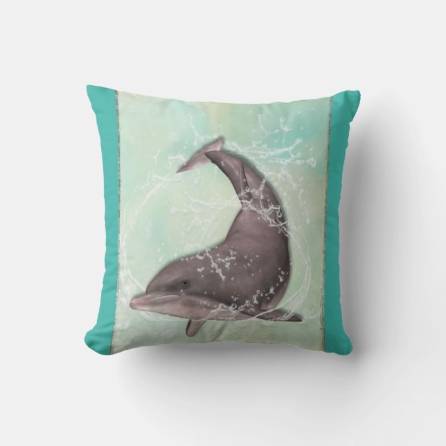 Dolphin Swimming Around in Cool Green Water Throw Pillow (Front)