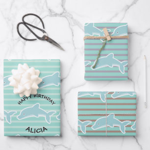 Dolphin Swimming Happy Birthday Stripes Wrapping Paper Sheets