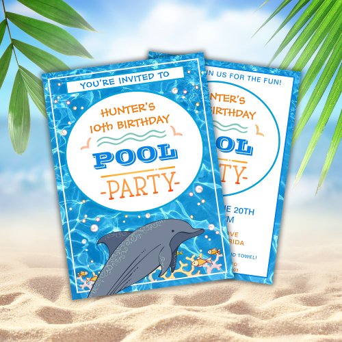 Dolphin Swimming Pool Party Birthday Invitation