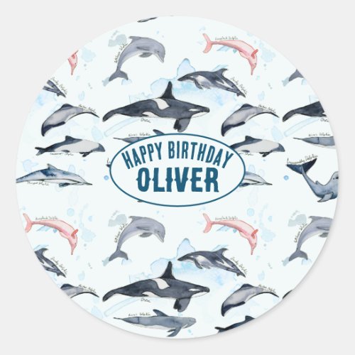 Dolphin theme party kids watercolor drawing classic round sticker