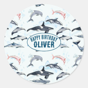 Dolphin theme party kids watercolor drawing classic round sticker