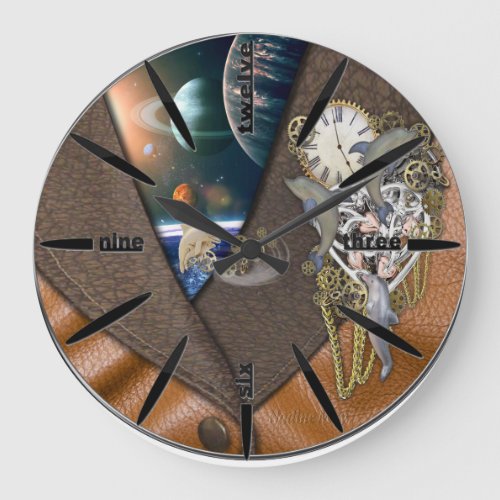 Dolphin time on leather large clock