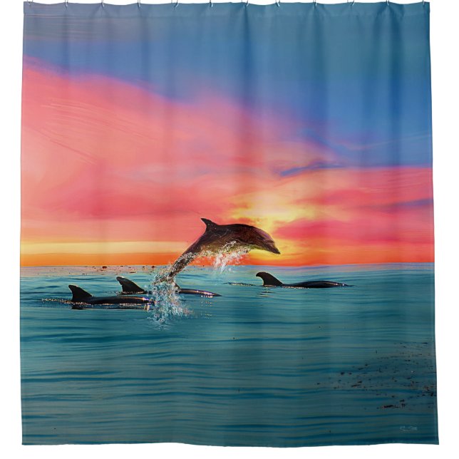Dolphin Tropical Beach Sunset Seascape Shower Curtain (Front)