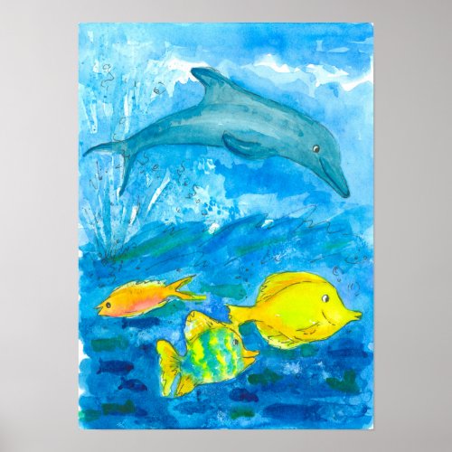 Dolphin Tropical Fish Watercolor Painting Poster