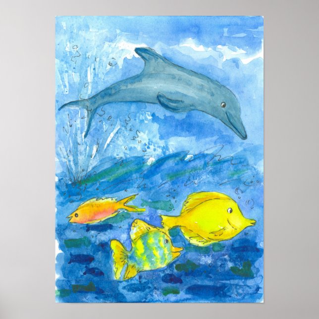 Dolphin Tropical Fish Watercolor Painting Poster (Front)