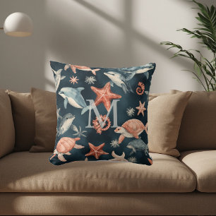 Dolphin Turtle Marine Life Coastal Nursery Decor  Throw Pillow