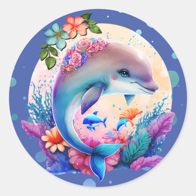 Dolphin Underwater Surrounded by Algae and Bubbles Classic Round Sticker (Front)