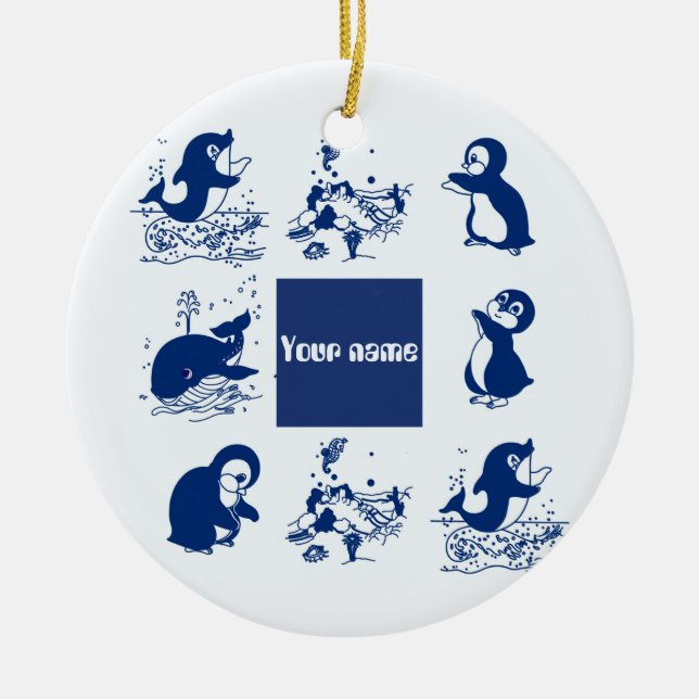 Dolphin, Whales and Penguins Ceramic Ornament (Front)