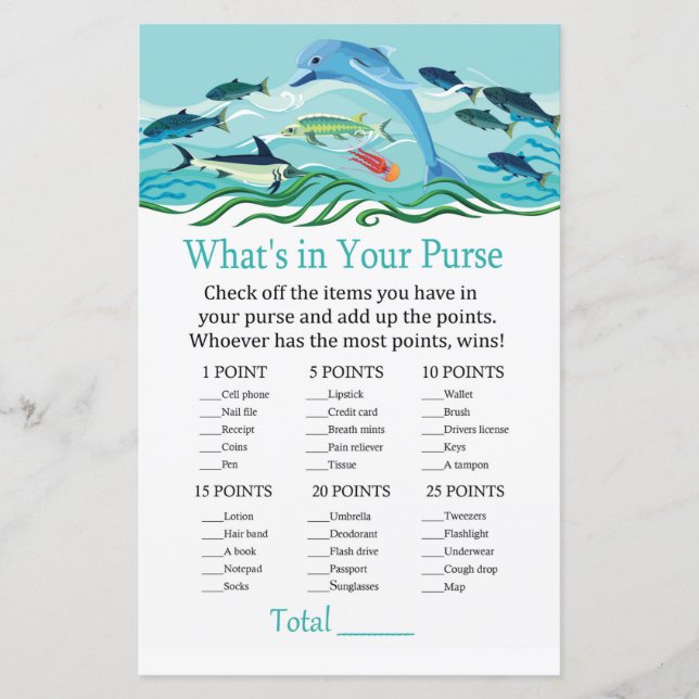 Dolphin What's in your purse game baby shower (Front)