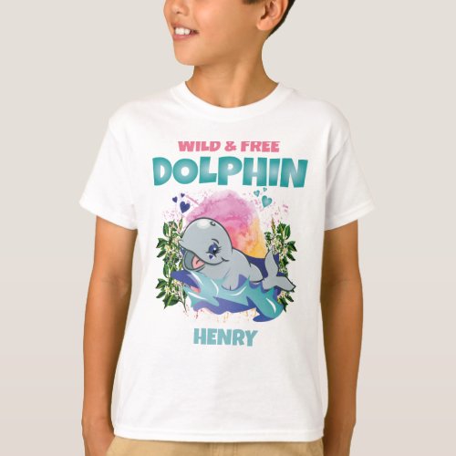 DOLPHIN WILD AND FREE COLORFUL FUNNY CUTE KIDS T_Shirt