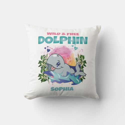 DOLPHIN WILD AND FREE COLORFUL FUNNY CUTE KIDS THROW PILLOW