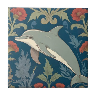 Dolphin William Morris style Nautical floral Left Ceramic Tile