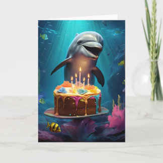 Dolphin with a Birthday Cake - Card