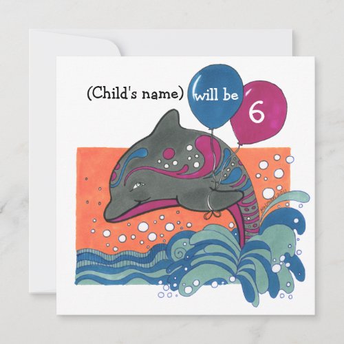Dolphin with Balloons 6th Birthday Invite