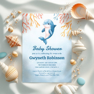 Dolphin with Corals, Watercolor Baby Shower Invite