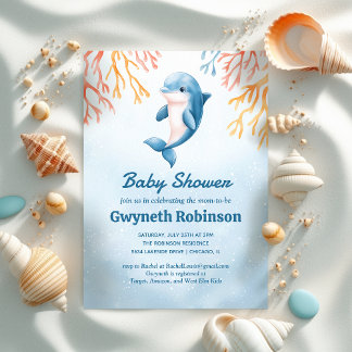Dolphin with Corals, Watercolor Baby Shower Invite