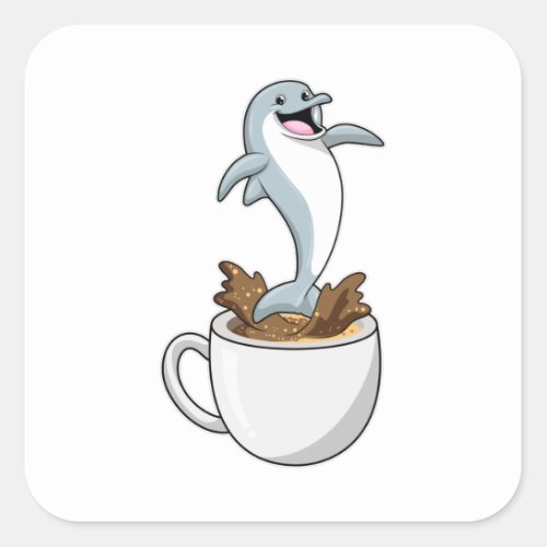 Dolphin with Cup of Coffee Square Sticker