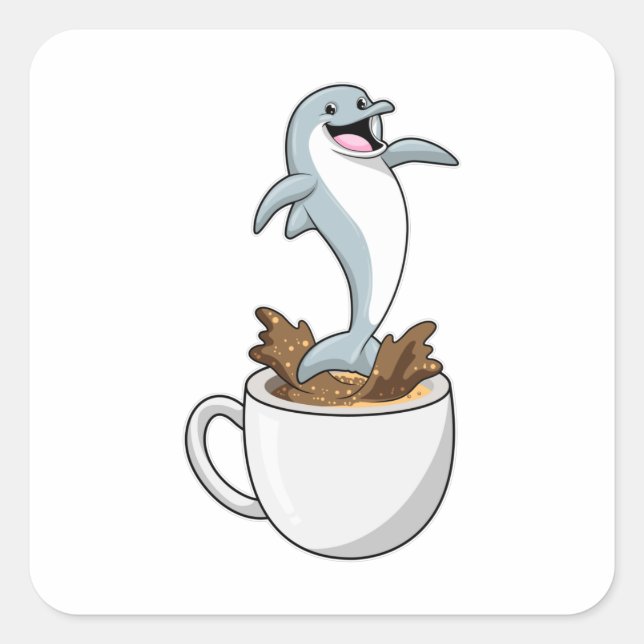Dolphin with Cup of Coffee Square Sticker (Front)