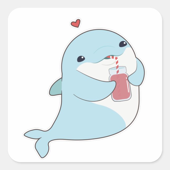 Dolphin with Drink & Heart Square Sticker (Front)