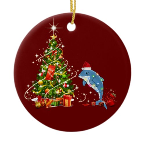 Dolphin With Hat Scaft Christmas Ceramic Ornament